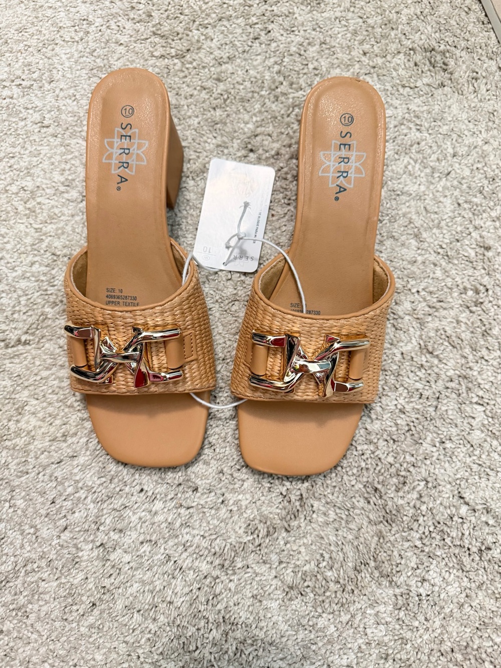 Serra Tan Woven Slide Sandals with Metallic Accent sz 10 heel 2 1/2 inch